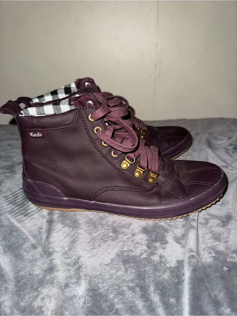 Keds Burgundy water resistant High-Top Lace-Up Sneakers with Plaid Lining